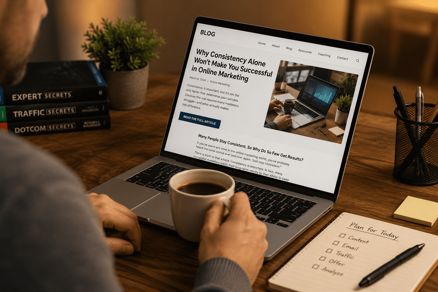 Person working on a laptop while reading an online marketing blog article about consistency and long-term success.
