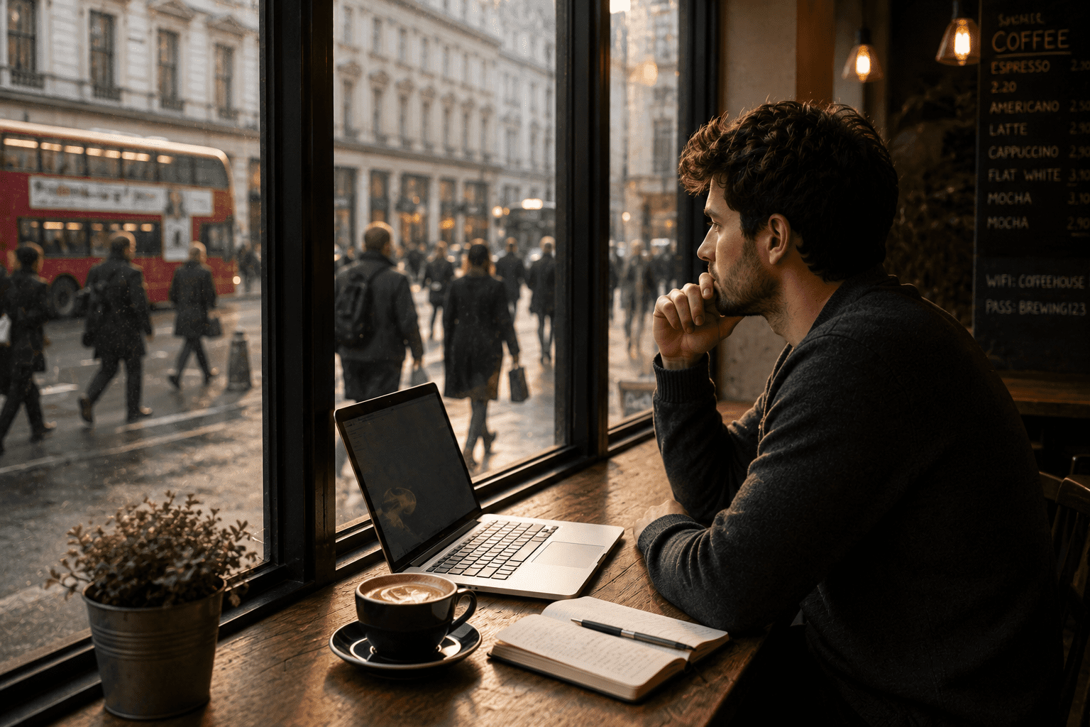 Work is not the enemy - man working on a laptop in a café while people walk to work outside