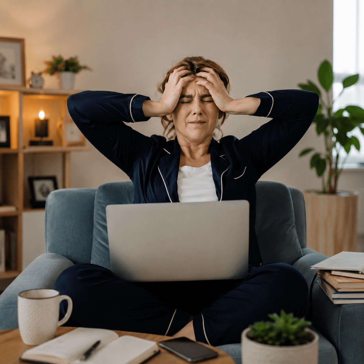 Stressed affiliate marketer working on a laptop from home while struggling with online business burnout