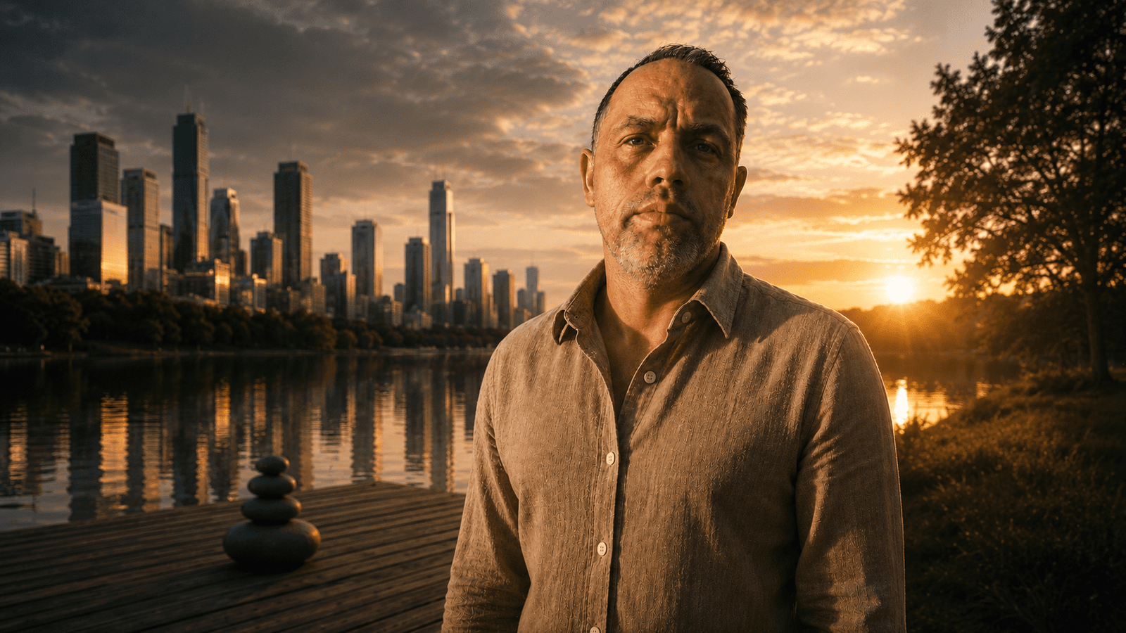 Reflective man at sunset exploring meditation self awareness and conscious living in the modern world
