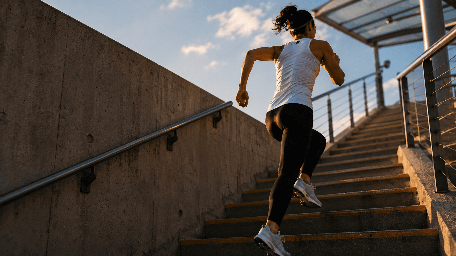 Athletic woman running up stairs at sunrise representing daily growth, 1% improvement, conscious living, financial freedom, and long-term success.