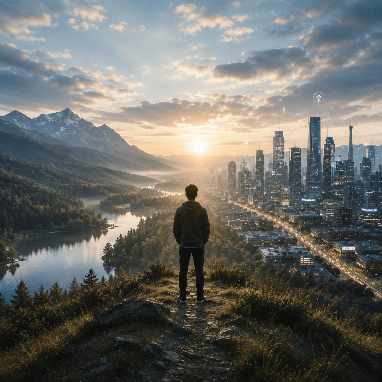 Person standing between nature and a modern city at sunrise, symbolizing conscious living, balance, inner peace, and the connection between the inner world, outer life, and modern technology.