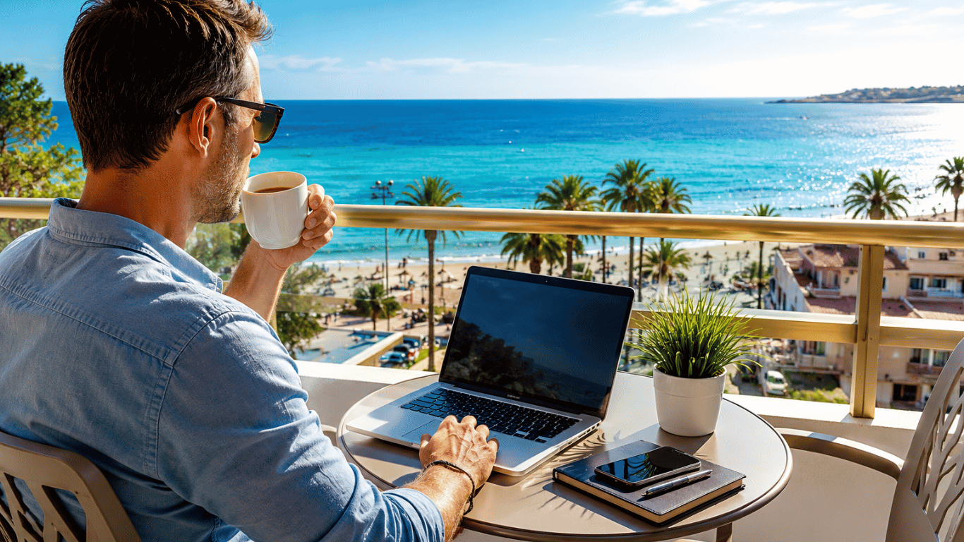 Man working on a laptop while enjoying a calm morning, representing affiliate marketing, financial wellness, and building a side income with less stress.
