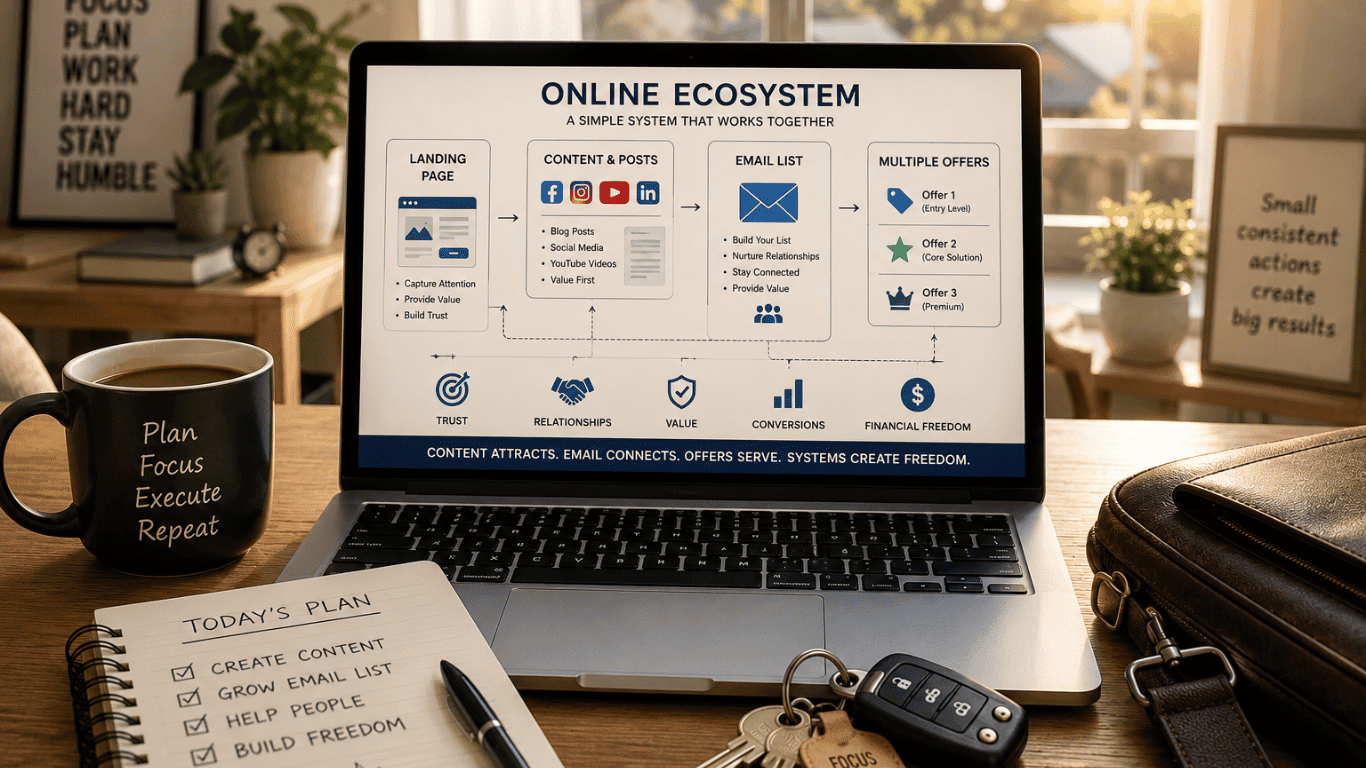 Morning home office with a laptop displaying an online ecosystem plan, coffee, notebook, and car keys, representing the process of building a long-term online business alongside a full-time job.