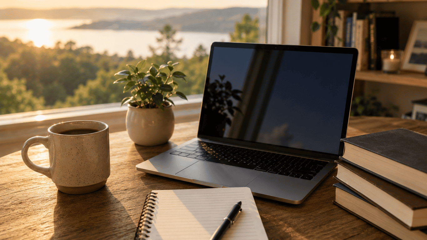 Peaceful workspace with a laptop, notebook, books, and coffee symbolizing long-term financial planning and online business growth.