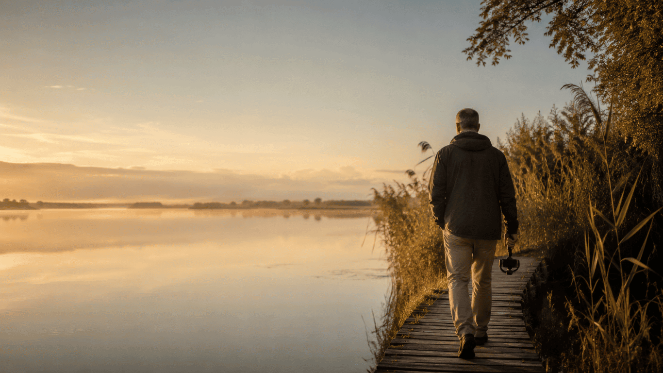 : A person exploring a quiet lakeside path with a camera gimbal at sunrise, representing curiosity and personal growth.