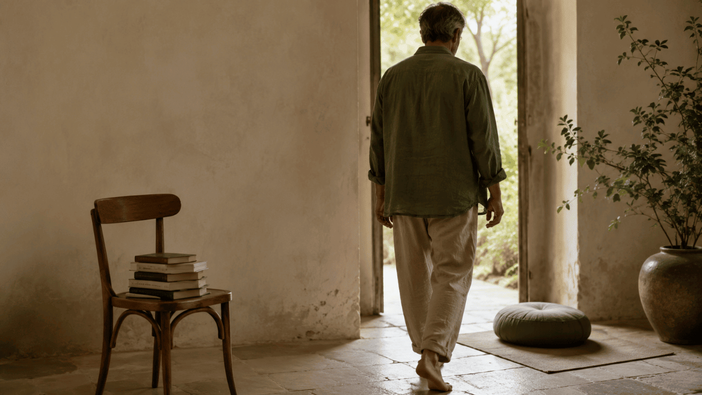 A thoughtful person moving from reading about meditation toward beginning a simple practice