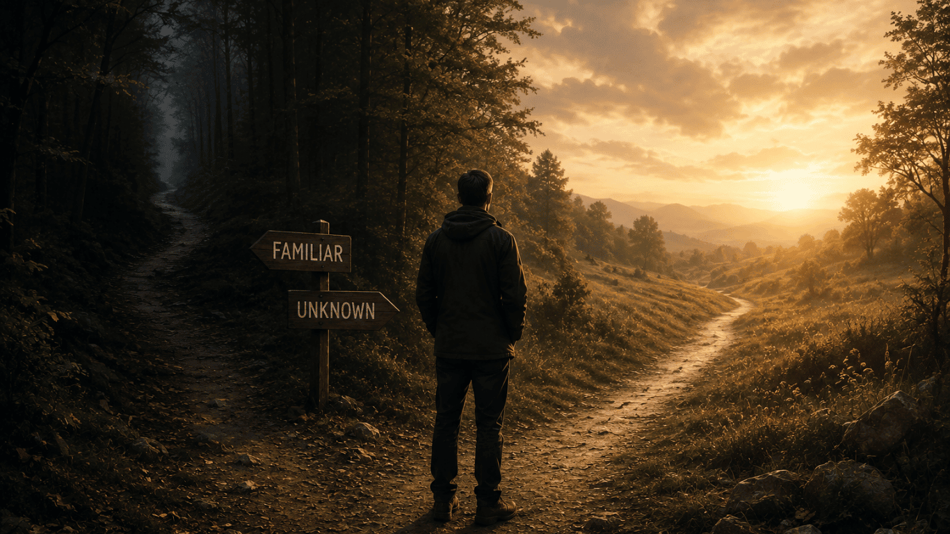 Person standing at a fork in a forest path between a dark familiar road and a bright unknown path, symbolizing fear of change and personal growth.