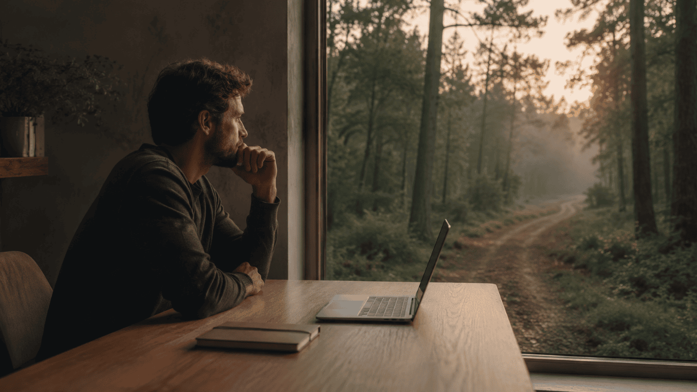 A thoughtful online creator focusing on one task beside a quiet forest path.