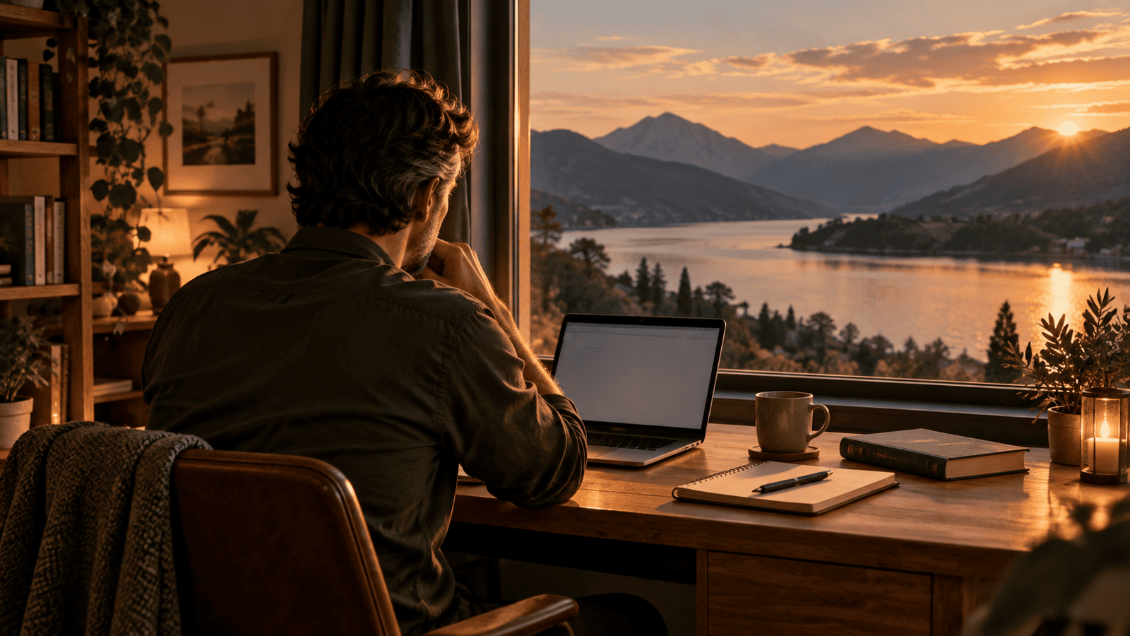 Man building an online business while working full-time from a calm home workspace