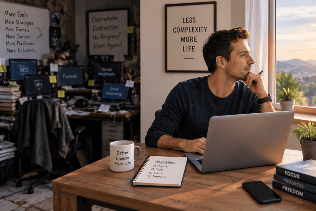 Beginner simplifying an affiliate marketing system by focusing on fewer tools and strategies