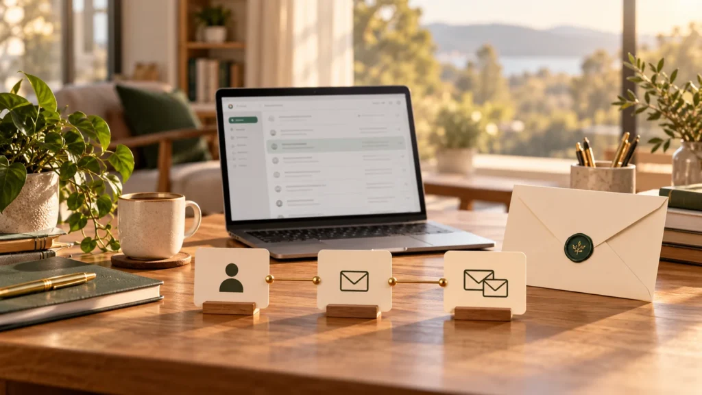 Email list building for affiliate marketing represented by a simple workspace and connected email communication.