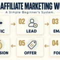 Infographic showing how affiliate marketing works from traffic and lead generation to email follow-up, offers and commissions.