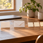 Simple affiliate marketing system represented by a phone, contact card, envelope and connected notes on a desk