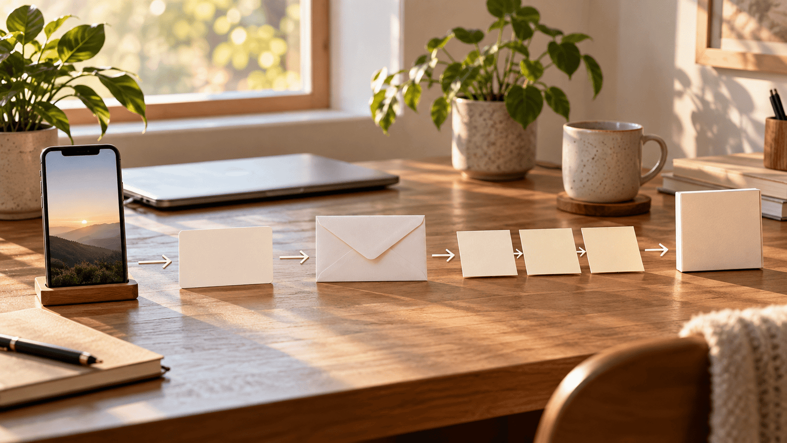 Simple affiliate marketing system represented by a phone, contact card, envelope and connected notes on a desk